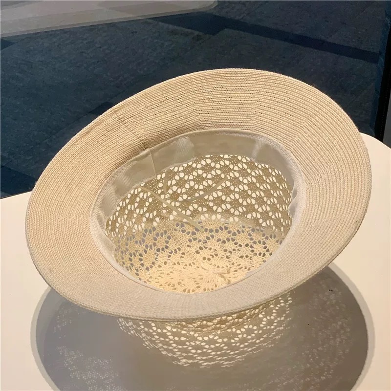 Womens Wide Brim Straw Sun Hat with Lace Bow Detail